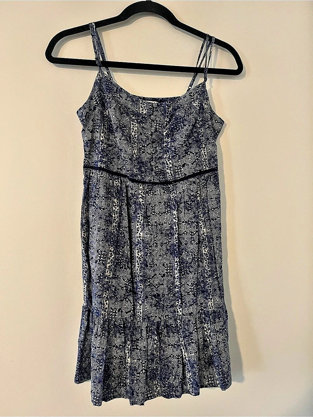 Blue White Geometric Print Abstract Mini Dress Small Resort Beach Coastal Summer
